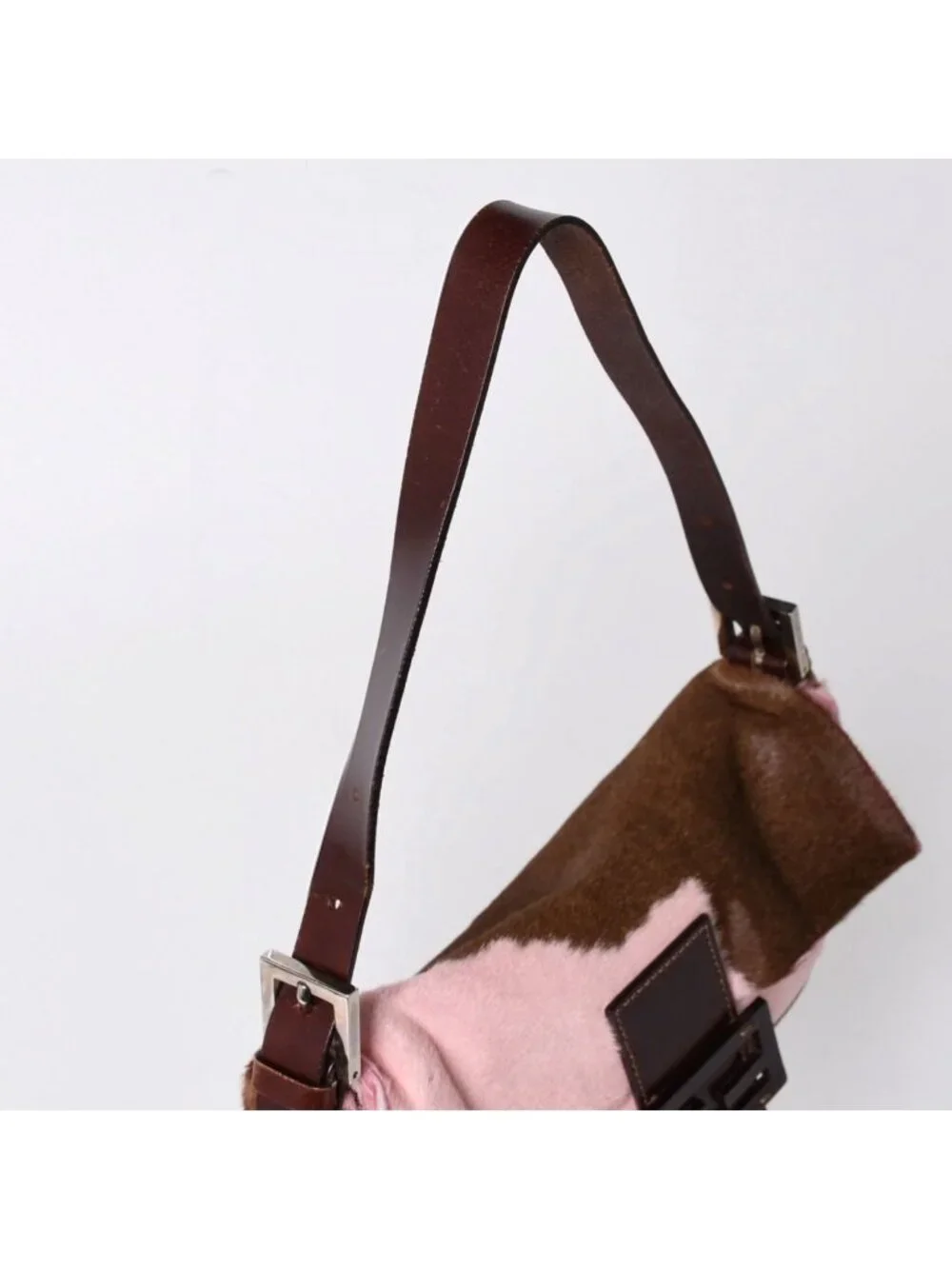 Fendi Mamma Baguette Calf Hair Leather Shoulder Bag Pink Brown Silver